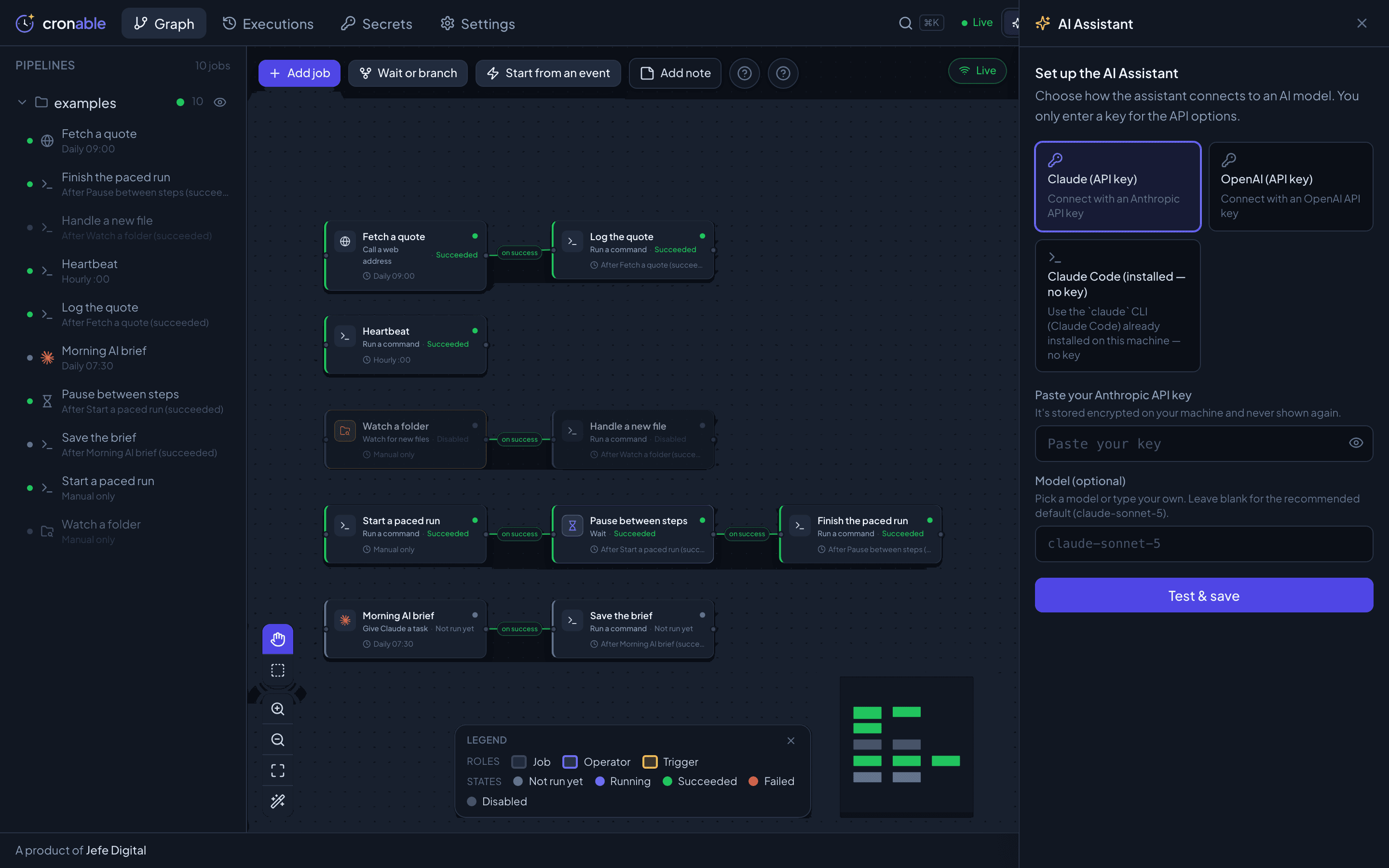 Cronable’s AI Assistant panel, offering to connect via a Claude or OpenAI API key, or the local Claude Code CLI already installed on the machine.