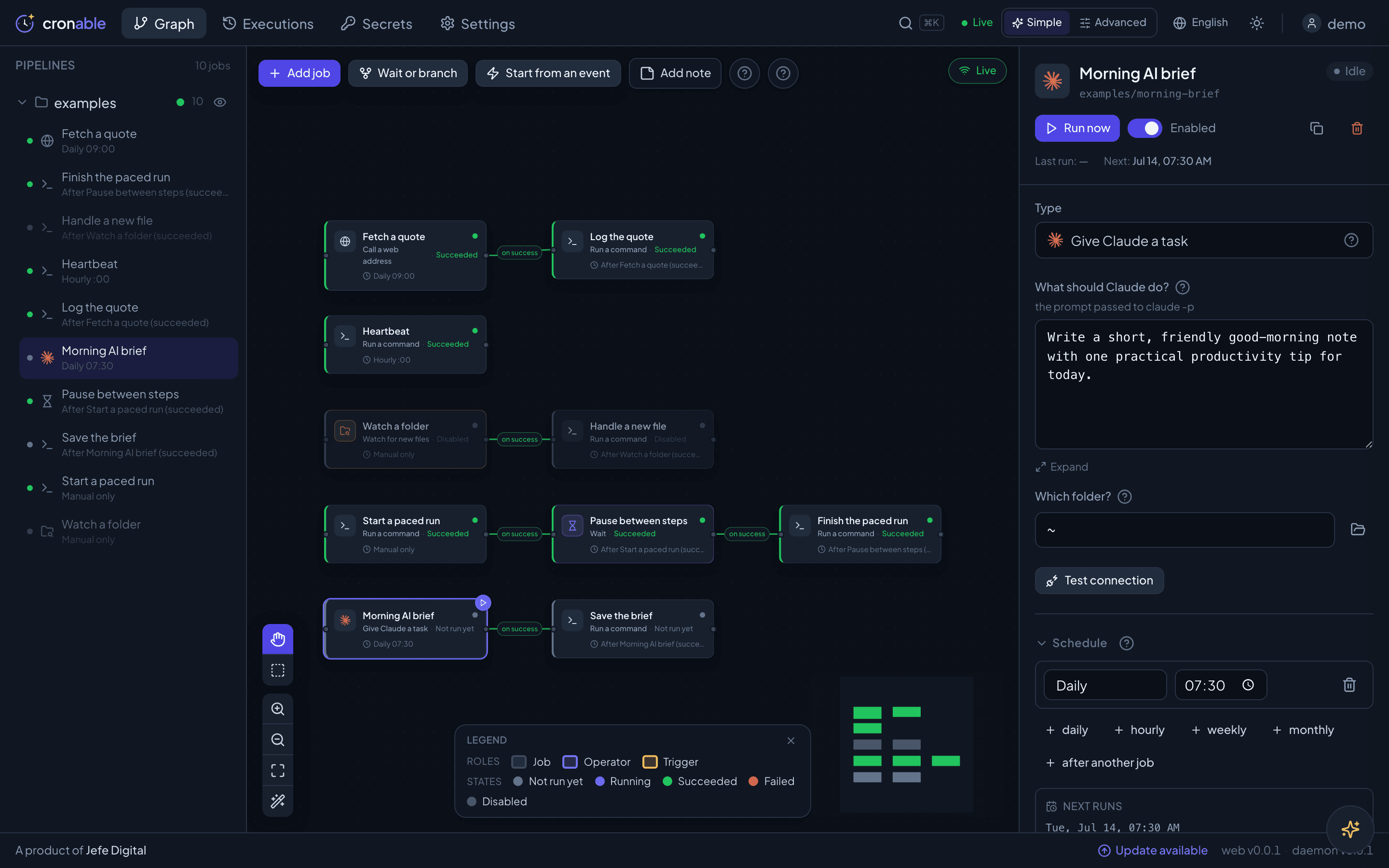 The Cronable console in Simple mode: a graph of jobs like “Fetch Quote” connected to “Log Quote” with an “on success” arrow, a pipelines sidebar, and a live run indicator.
