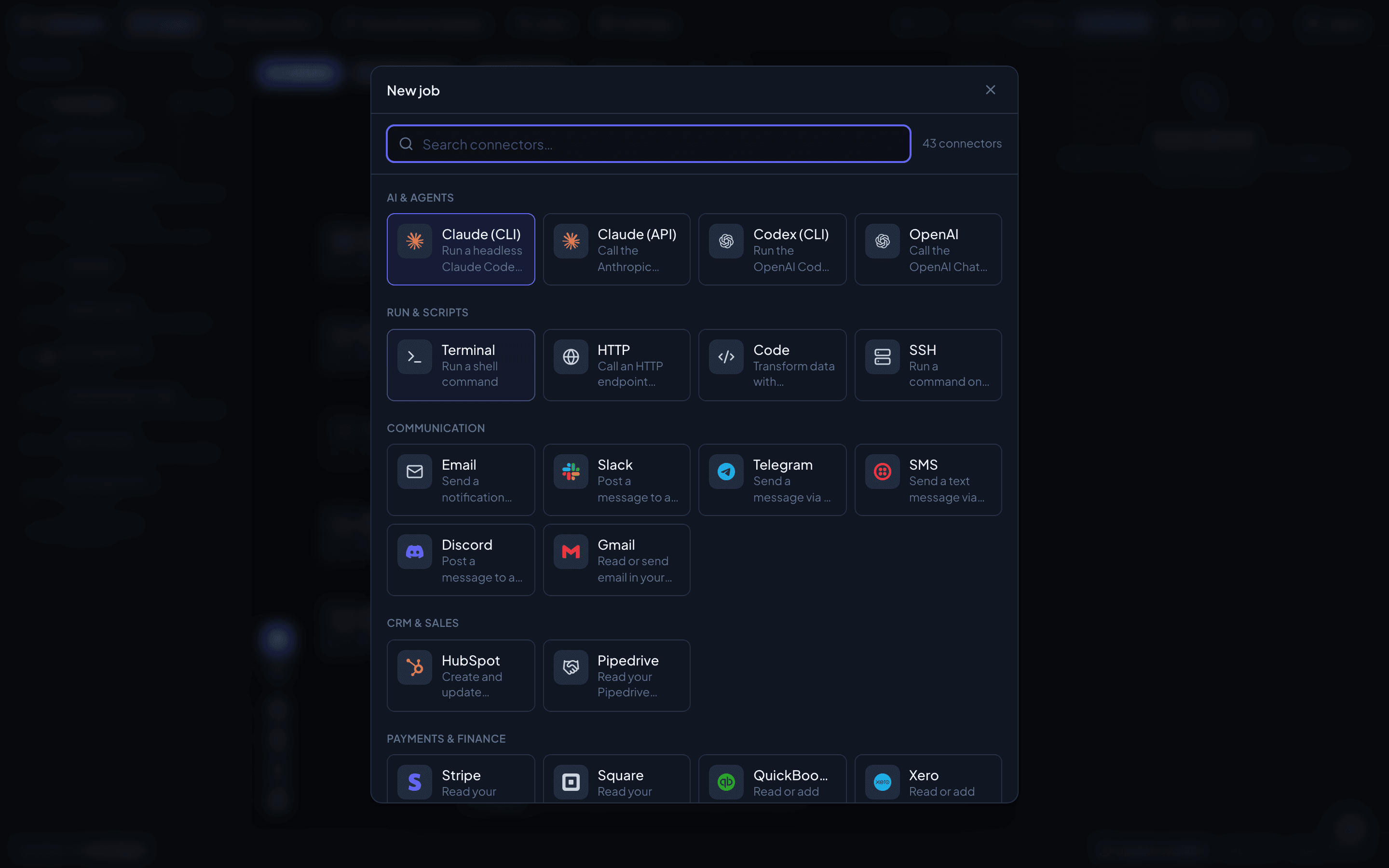 Cronable’s job picker: a searchable catalog of 96 connectors grouped by category — AI agents like Claude, Codex and OpenAI, run & scripts, communication like Slack, Telegram and Gmail, CRM, and payments like Stripe.