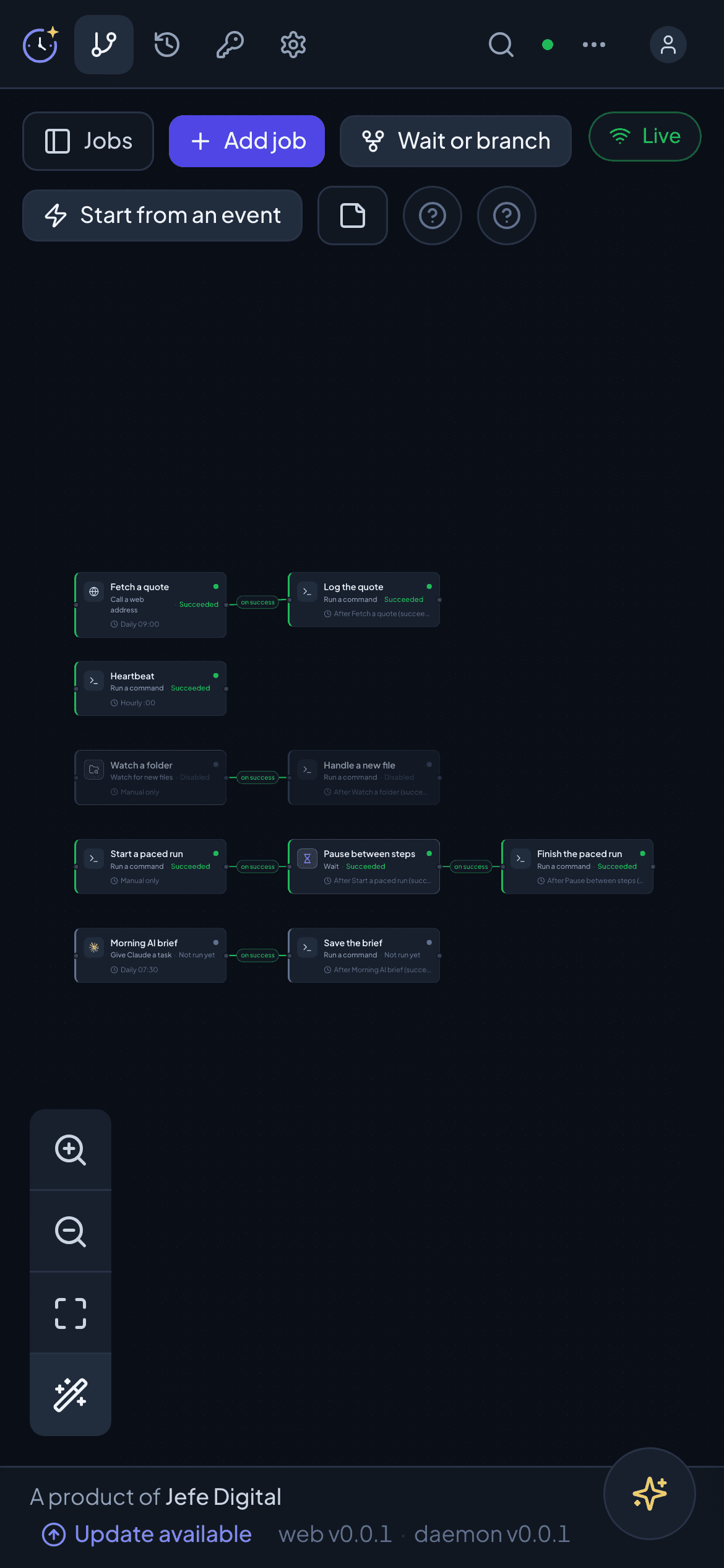 The Cronable console running on a mobile phone, showing the job graph.